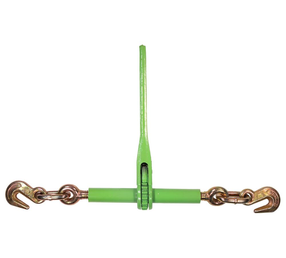 Mytee Products 4 Pack 5/16"- 3/8" Heavy Duty Hi-Viz Green Ratchet Chain Binder w/ 5/16" Grab Hook & 1/2" Slip Hook, 5,400 Lbs WLL & 4 Pack 5/16 Inch x 12 FT Grade 70 Binder Chain w/Clevis Grab Hooks