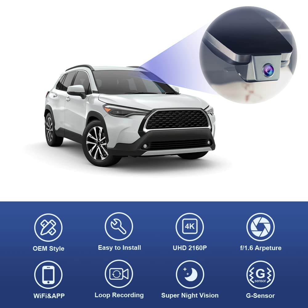 Fitcamx 4K Dash Cam Suitable for Toyota Corolla Cross 2022 LE L XLE, Integrated OEM Look, 2160P UHD Video, Built-in WiFi & APP, Loop Recording, Gravity Sensor, Easy to Install, 64GB Card