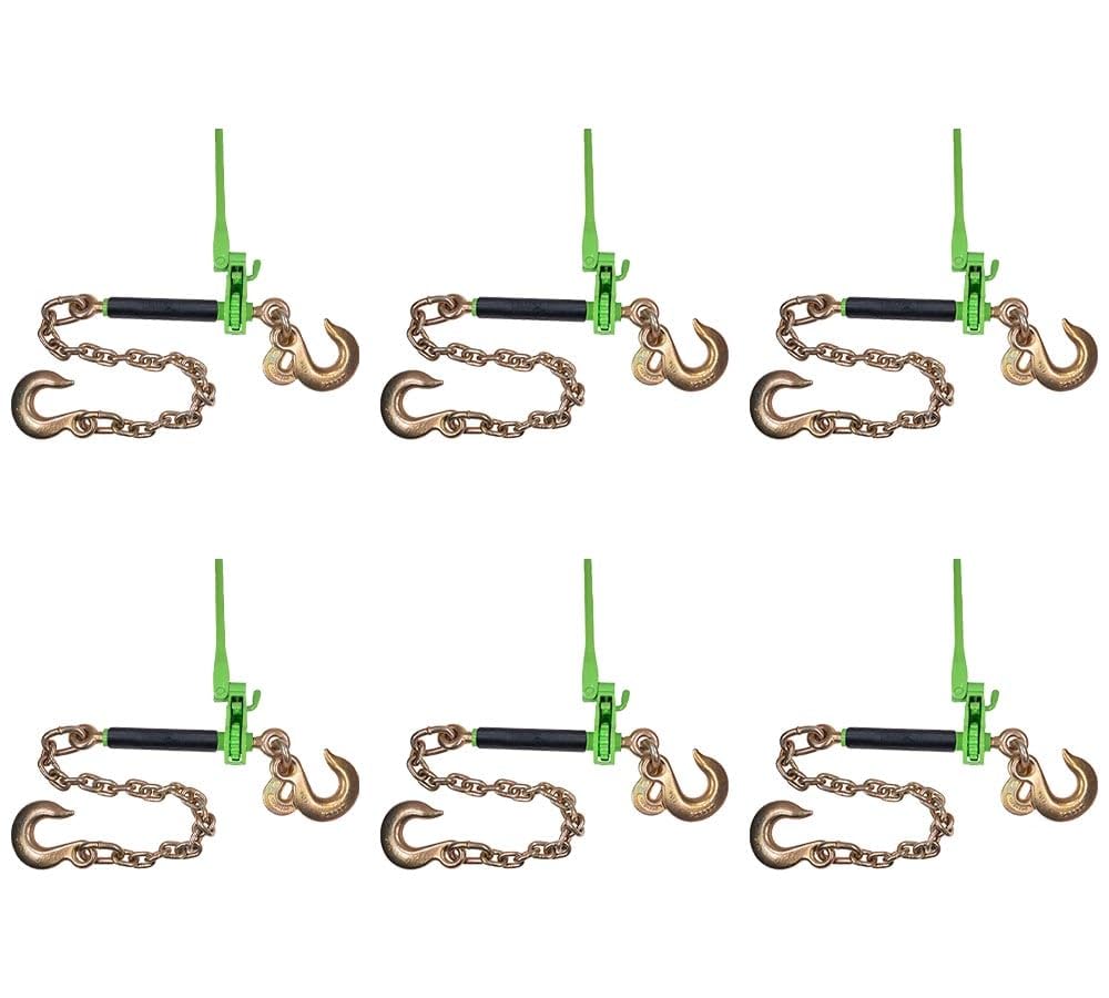 Mytee Products 4 Pack Hi-Viz Green Folding Handle Ratchet Pro-Binder w/ 3/8"-5/16" Grab Hook, 1/2" Sling Hook & 3/8" x 2' G80 Chain, 1/2" Sling Hook | 7,100 lbs WLL | Binder for Flatbed Trailer