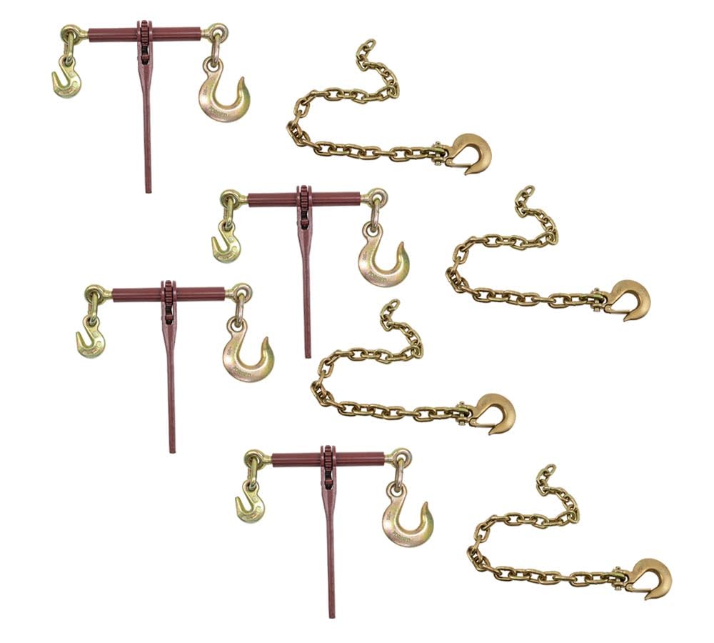 Mytee Products 4 Pcs Ratchet Binder with Grab Hook w/ 4 Pcs Trailer Hitch Safety Chain with Slip Hook