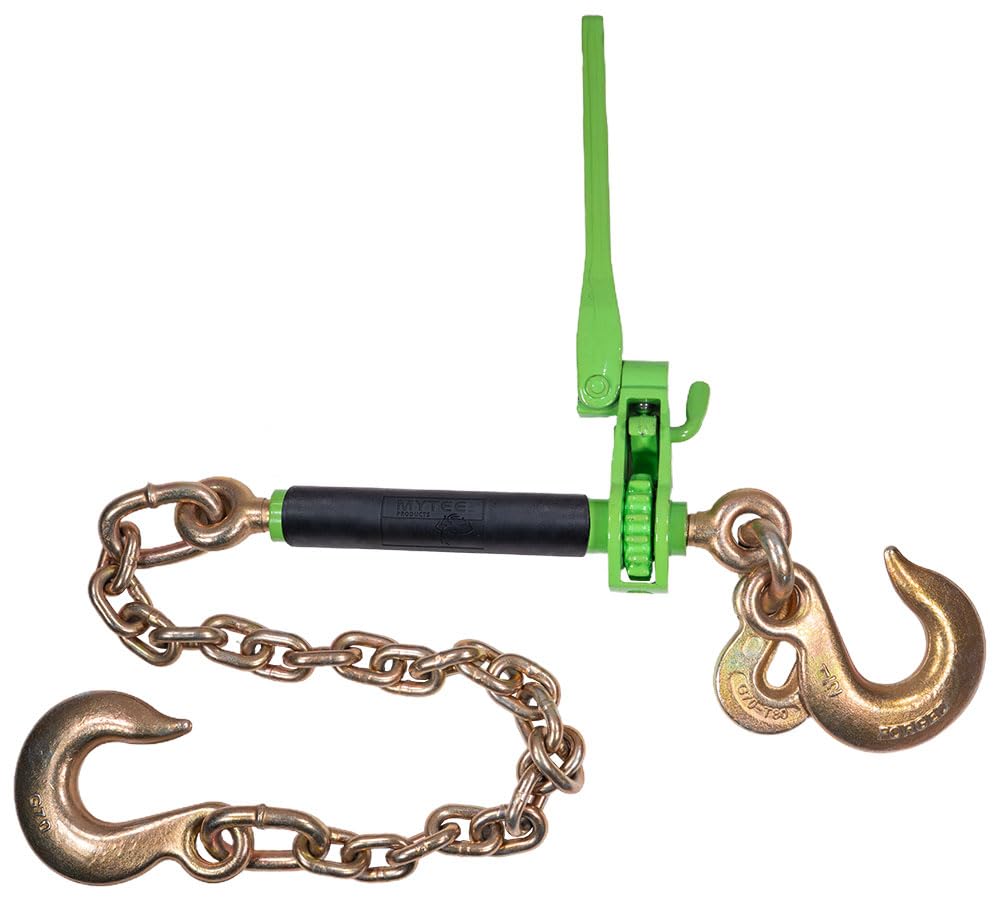 Mytee Products 4 Pack Hi-Viz Green Folding Handle Ratchet Pro-Binder w/ 3/8"-5/16" Grab Hook, 1/2" Sling Hook & 3/8" x 2' G80 Chain, 1/2" Sling Hook | 7,100 lbs WLL | Binder for Flatbed Trailer