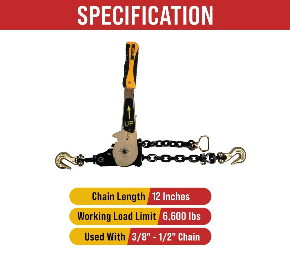 Mytee Products 4 Pack 3/8" - 1/2"Easy Ratchet Chain Binder with Grab Hooks & 6000 lbs WLL - Heavy Duty Tie Down Ratchet Load Binder for Flatbed Trailers & Trucks