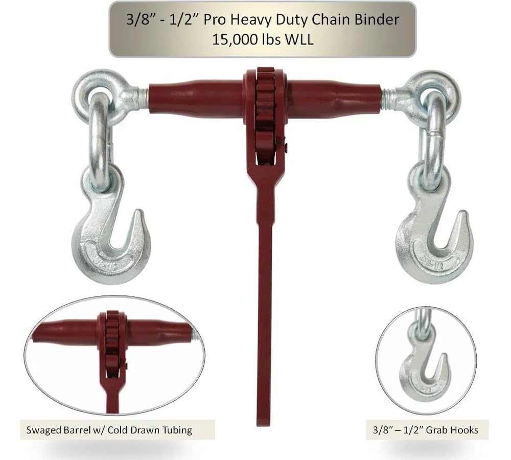 Mytee Products 4 Pack PRO Heavy Duty Chain Binder Ratchet Style 3/8" - 1/2" w/Grab Hooks, 15,000 lbs WLL