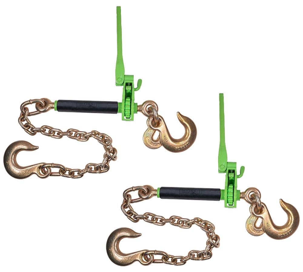 Mytee Products 4 Pack Hi-Viz Green Folding Handle Ratchet Pro-Binder w/ 3/8"-5/16" Grab Hook, 1/2" Sling Hook & 3/8" x 2' G80 Chain, 1/2" Sling Hook | 7,100 lbs WLL | Binder for Flatbed Trailer