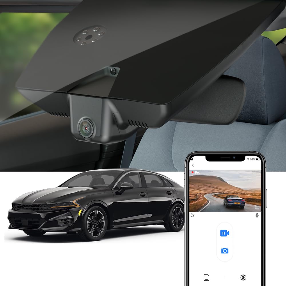 Fitcamx Front 2K+Rear 1080P Dash Cam Adapts for Kia K5 2021-2024 (Part No#L3000) LX LXS GT-Line EX GT, Integrated OEM Style, Dual HD Video, WiFi & APP, Loop Recording, G-Sensor, Easy to Set, 64GB Card