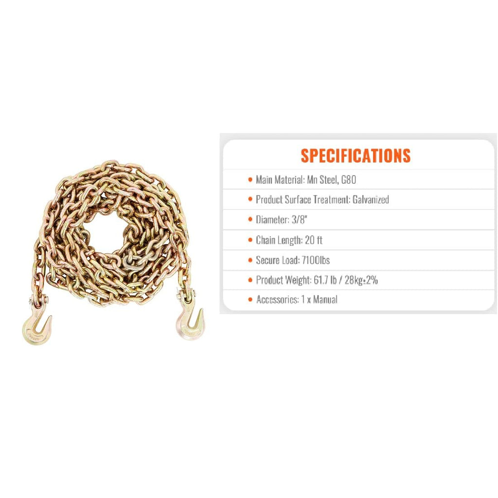 Binder Chain G80 Tow Chain with Hooks 7100lbs Load 3/8'' x 20' 2 Pack, May Vary