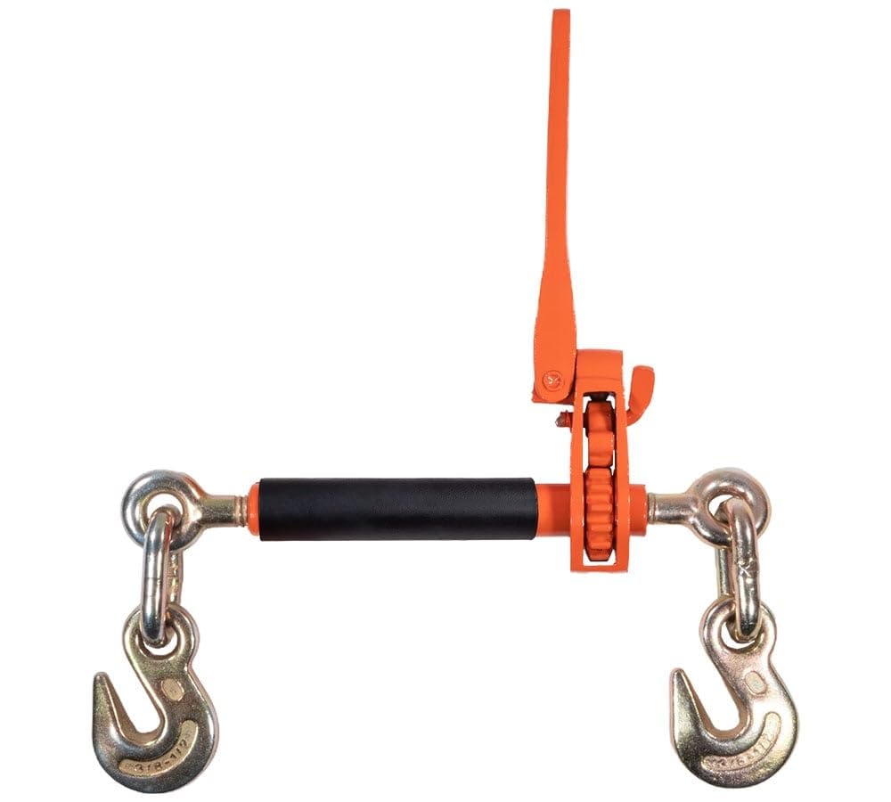 Mytee Products Chain Binder Tie Down Kit - 4 Pcs 3/8"-1/2" Hi-Viz Folding Ratchet Load Binder 12,000 lb WLL, & 4 Pcs 3/8" x 12' G70 Binder Chain & 8 Pcs Steel Corner Protector for Flatbed Trucks