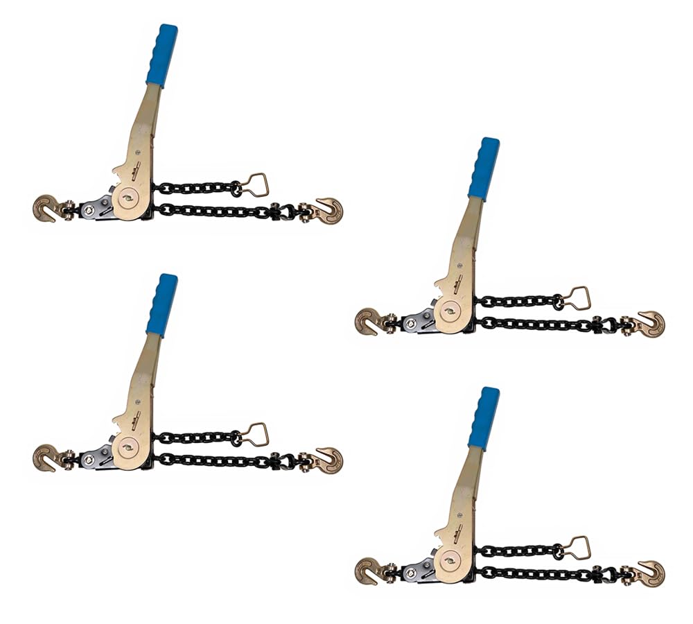 Mytee Products 4 Pack 3/8" - 1/2"Easy Ratchet Chain Binder with Grab Hooks & 6000 lbs WLL - Heavy Duty Tie Down Ratchet Load Binder for Flatbed Trailers & Trucks