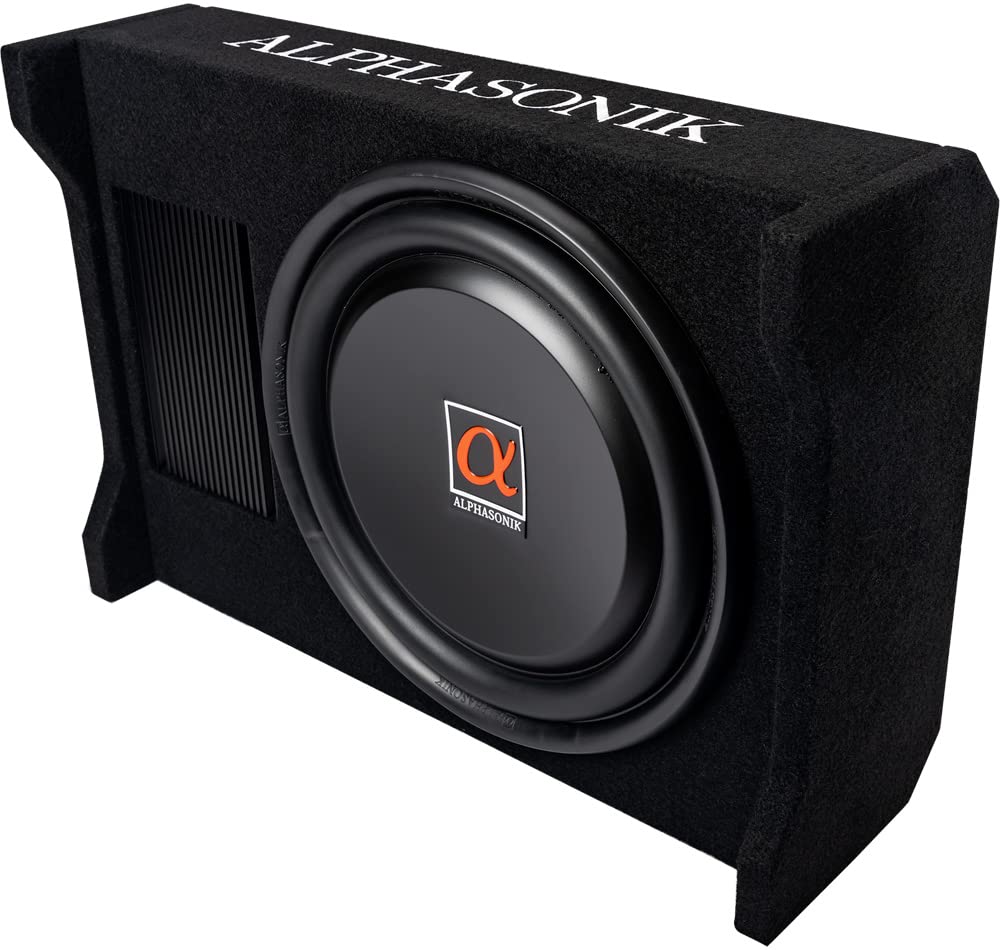 Alphasonik AS80A 8" 600 Watts with a Built-in Amplifier Down-Firing Shallow Mount Enclosed for Tight Spaces in Cars and Trucks, Slim Thin Loaded Subwoofer Air Tight Sealed Bass Enclosure