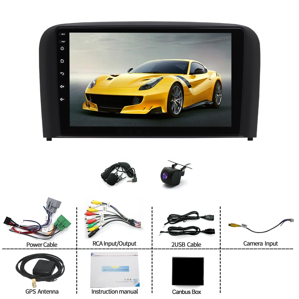 9'' Touch Screen Car Stereo for Volvo S80 2004-2008 with Wireless Carplay Android Auto Support GPS Navigation, WiFi, HiFi, Bluetooth, FM, SWC, Mic, Backup Camera, 4G+64GB