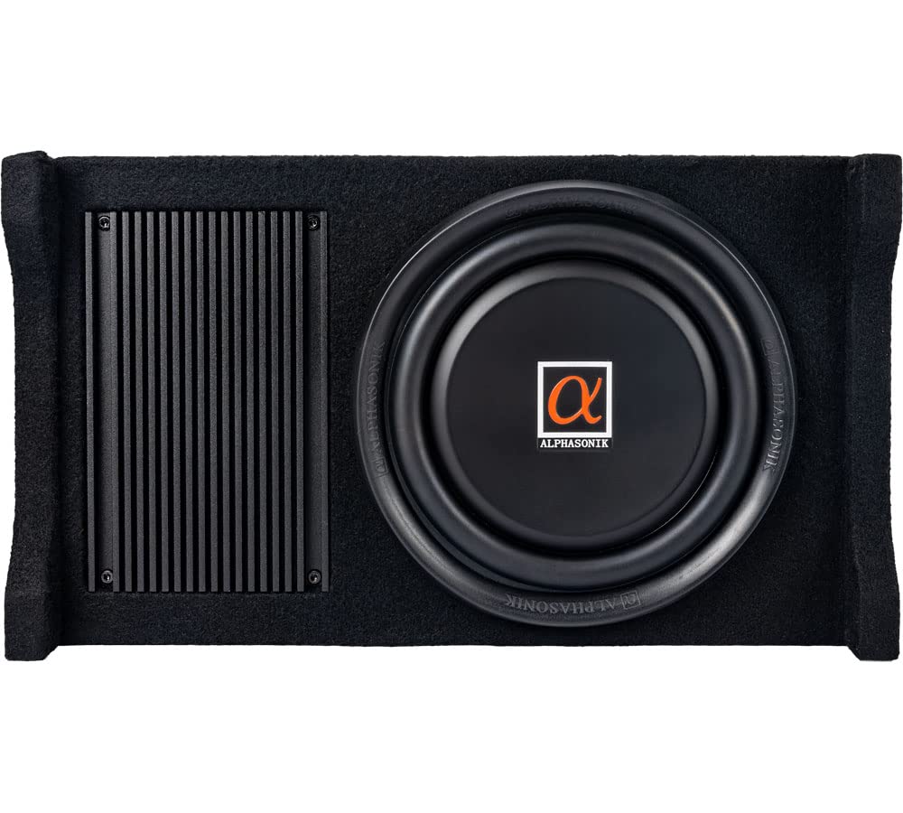 Alphasonik AS80A 8" 600 Watts with a Built-in Amplifier Down-Firing Shallow Mount Enclosed for Tight Spaces in Cars and Trucks, Slim Thin Loaded Subwoofer Air Tight Sealed Bass Enclosure