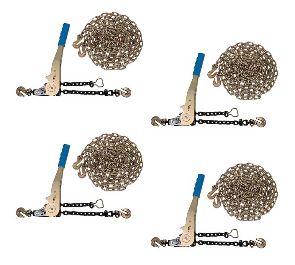 Mytee Products 4 Pcs G70 5/16" Chain & Easy Binder Kit - (2) 5/16"-3/8" Easy Ratcheting Chain Load Binder & (2) 5/16" x 20' G70 Transport Chain w/Grab Hooks - 4700 lbs WLL for Truck Trailer Tie Down