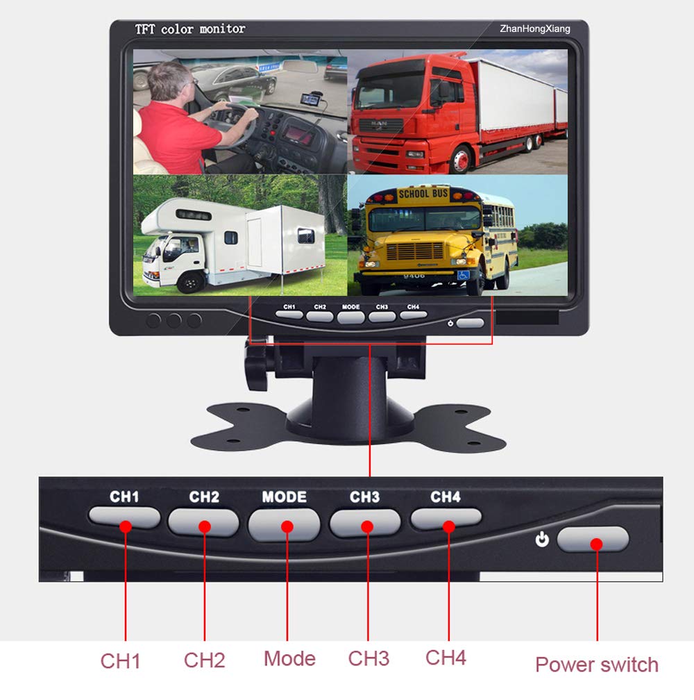 HD 1080P Backup Camera 7" Monitor,4X 4 Pin AHD Car Reverse Rear View Mirror Wired Camera Kit + 7 inch IPS 4-Split Monitor for Bus Truck Trailer RV Heavy Duty A701