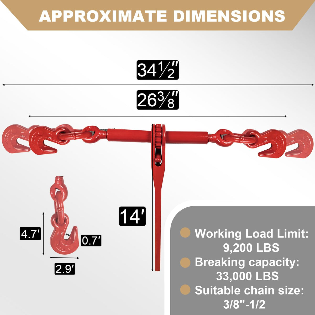 AAIN 4Pack Chain and Binder Kit, 3/8"-1/2" Ratchet Load Binders 9200 lbs