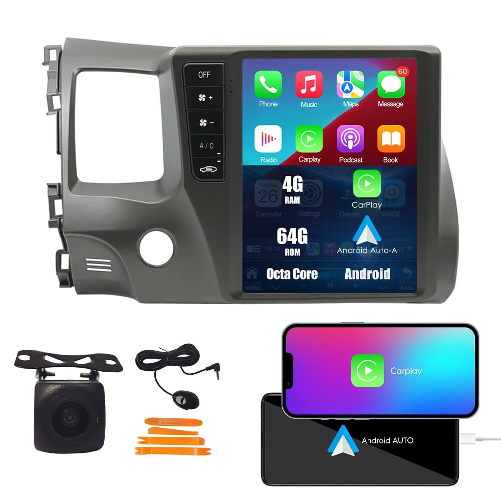 Tesla Style Car CarPlay Android Auto Navigation Stereo GPS Radio Reverse Camera 9.7" IPS Touchscreen Headunit Tablet Media Player for Honda Civic 2004-2011, if Applicable Quad Core 2G+32G MT