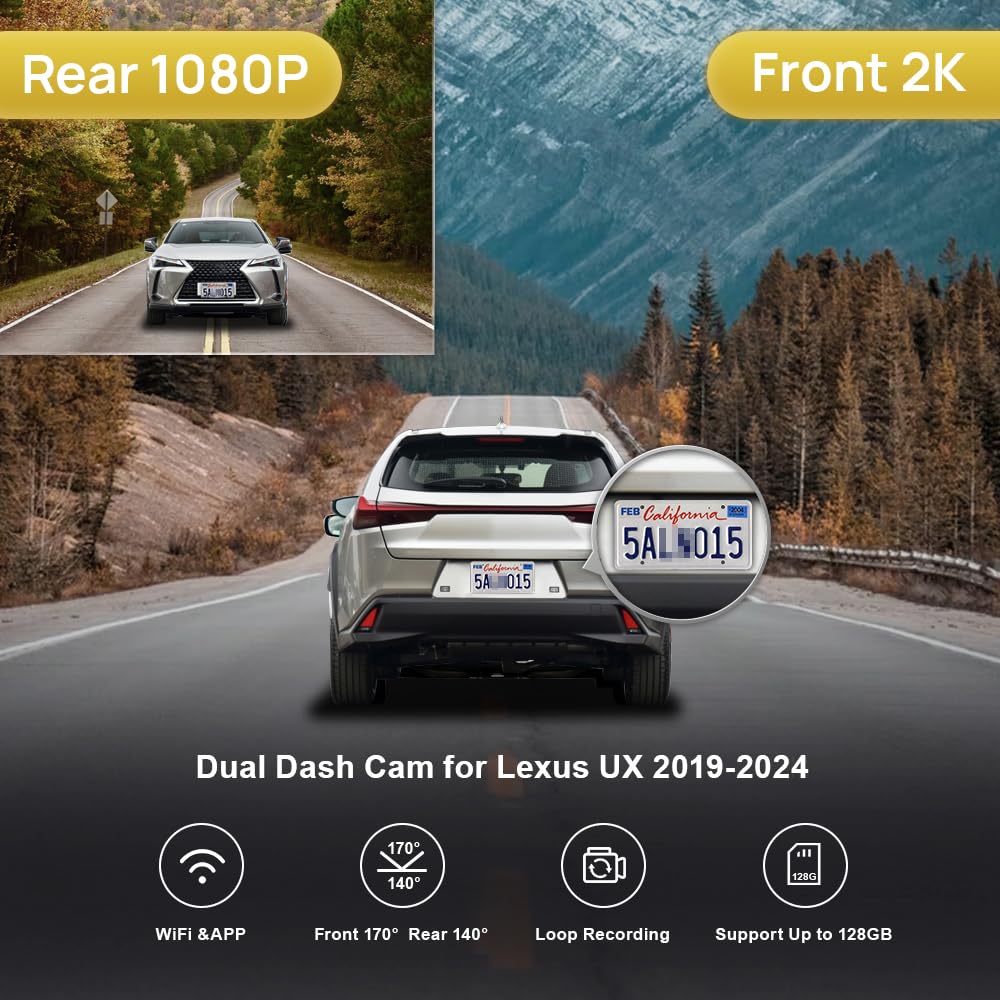Fitcamx 2K Front and Rear Dash Cam for 2019-2024 Lexus UX 200 250 Luxury F Sport, OEM Factory Style, Dual 1440P+1080P HD Video, WiFi & APP, Loop Recording, Parking Mode, G-Sensor, 64GB Card