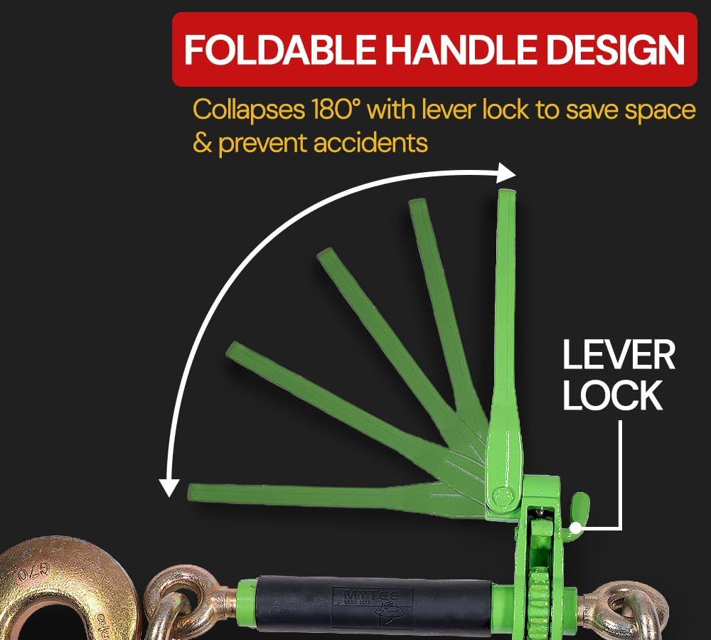 Mytee Products 4 Pack Hi-Viz Green Folding Handle Ratchet Pro-Binder w/ 3/8"-5/16" Grab Hook, 1/2" Sling Hook & 3/8" x 2' G80 Chain, 1/2" Sling Hook | 7,100 lbs WLL | Binder for Flatbed Trailer