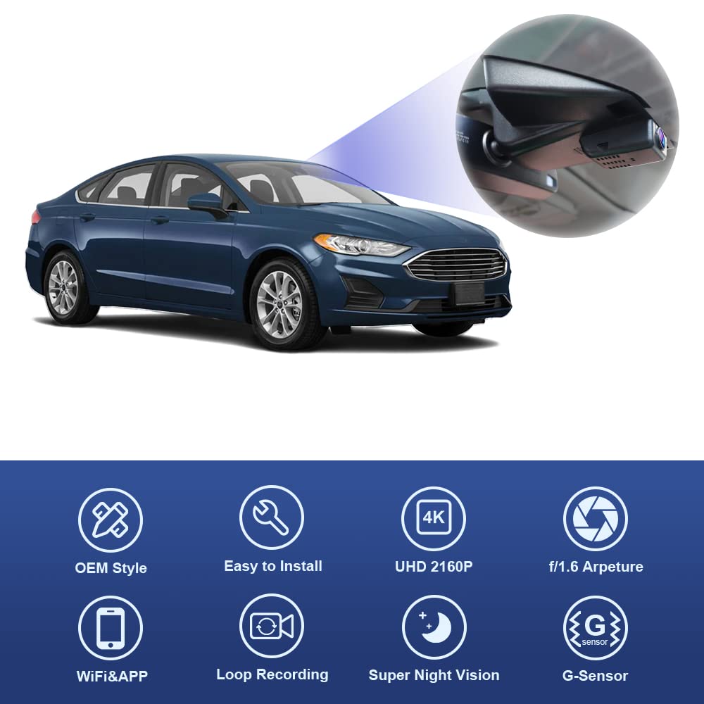 Fitcamx 4K Dash Cam Suitable for Ford Fusion 2013 2014 2015 2016 2017 2018 2019 2020 Sport S SEL Titanium Platinum SE Hybrid, OEM Style, 2160P Video WiFi, Loop Recording G-Sensor, Plug&Play, 64GB Card