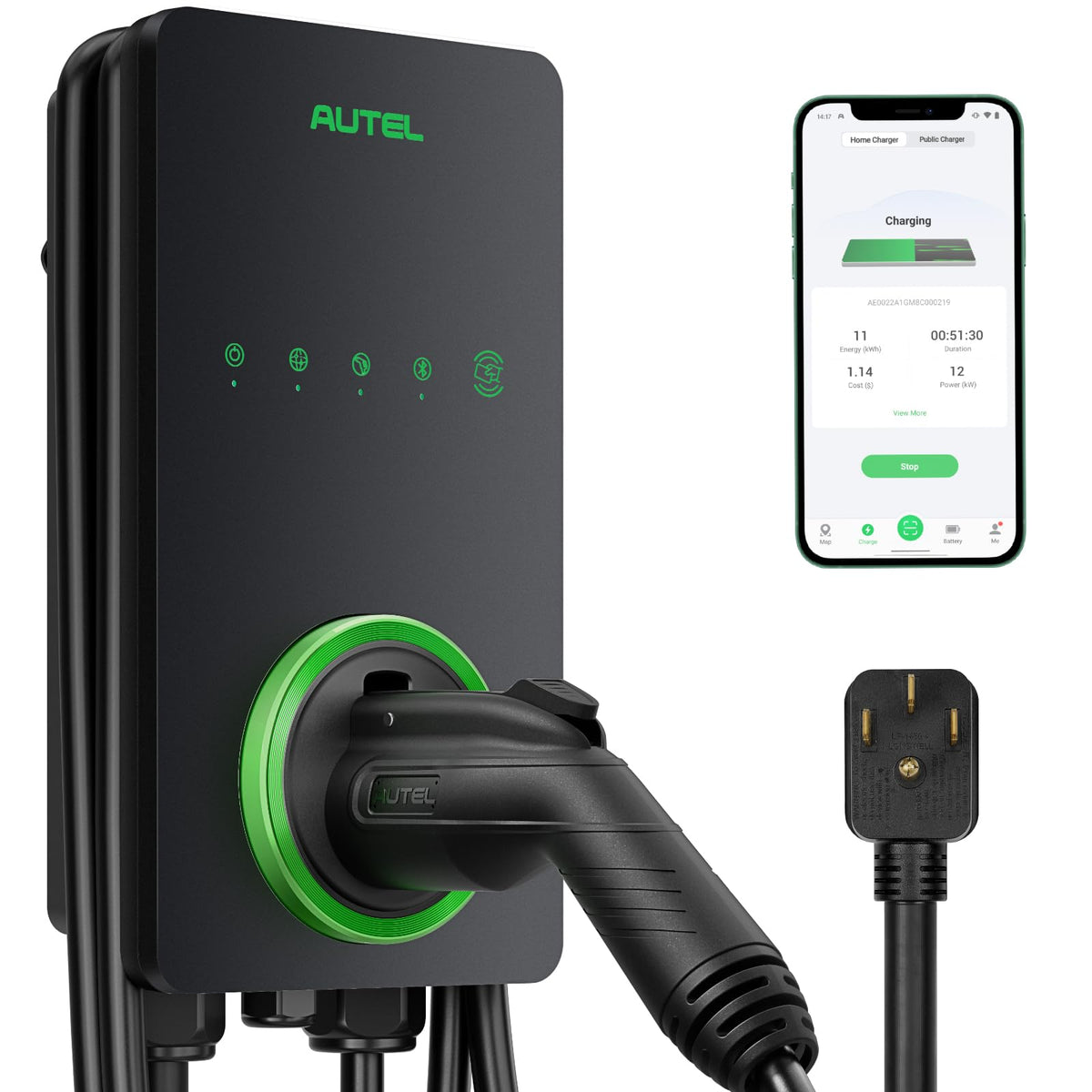 Autel MaxiCharger Level 2 EV Charger up to 40Amp, 240V, Indoor/Outdoor Fast Electric Vehicle Charging Station with Flexible 25-Foot Cable, NEMA 14-50 Plug (White)