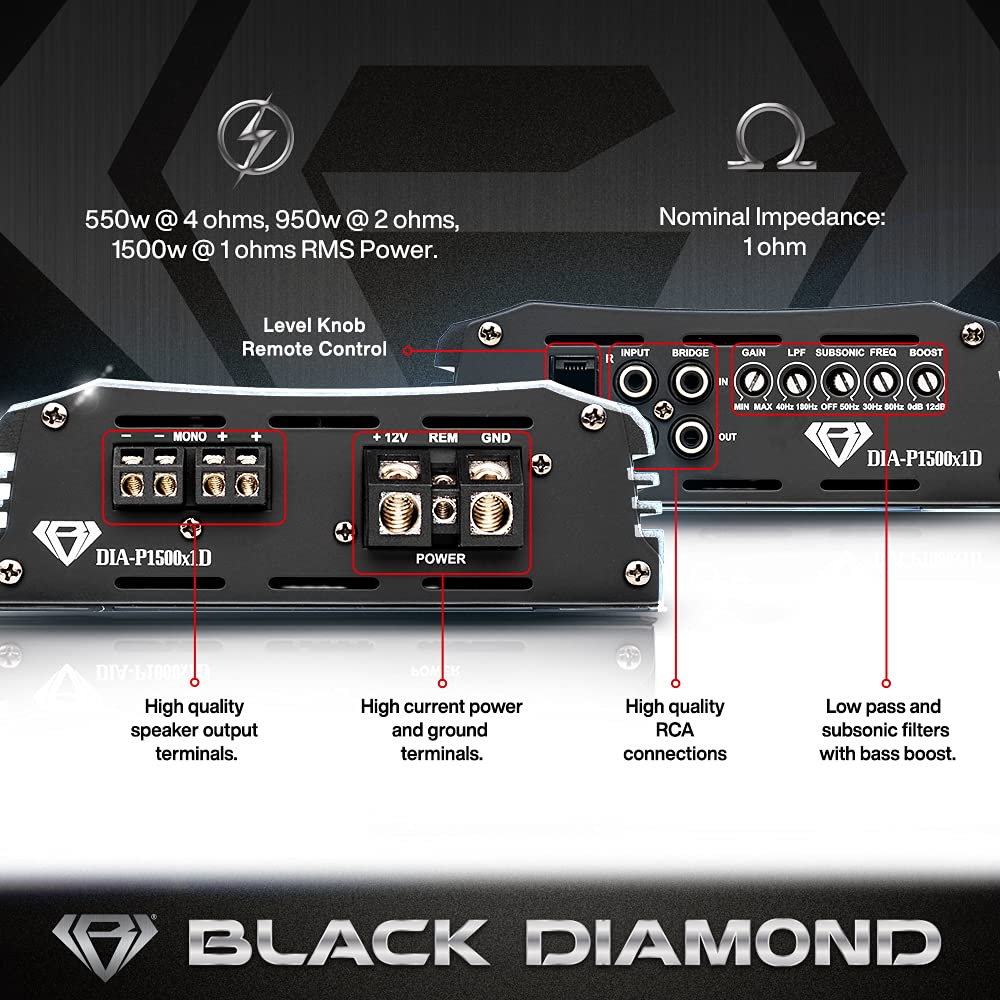 Black Diamond DIA-P1500x1D Car Audio Amplifier Class D 1 Channel Monoblock Amp 1500 Watts RMS, Remote Level Control Included