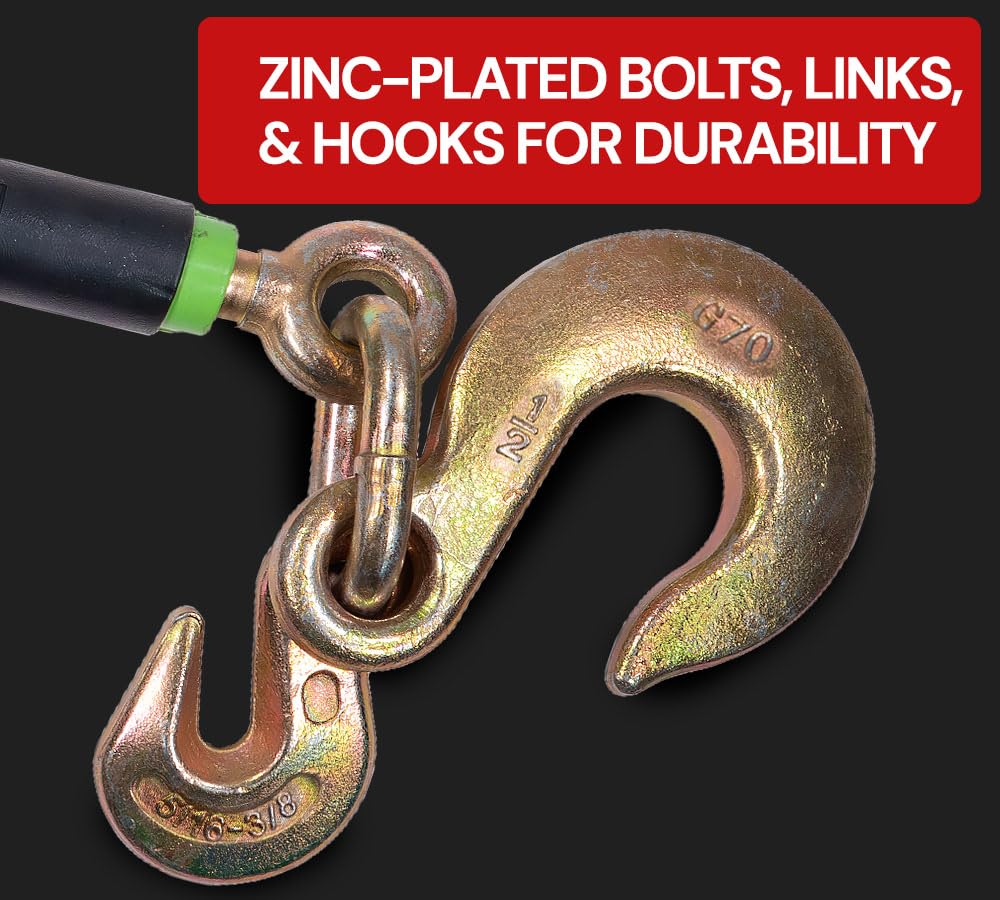 Mytee Products 4 Pack Hi-Viz Green Folding Handle Ratchet Pro-Binder w/ 3/8"-5/16" Grab Hook, 1/2" Sling Hook & 3/8" x 2' G80 Chain, 1/2" Sling Hook | 7,100 lbs WLL | Binder for Flatbed Trailer
