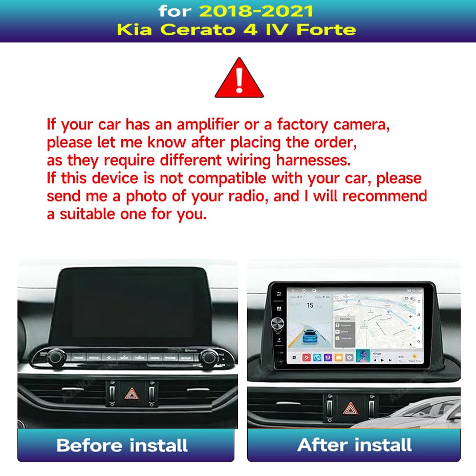 8CORE 2+64GB Android 14 Car Radio Stereo for 2018-2021 Kia Cerato 4 IV Forte, 9 Inch Touch Screen Head Unit Dash Kit with Wireless CarPlay Android Auto, GPS Navigation Bluetooth SWC WiFi 5G DSP