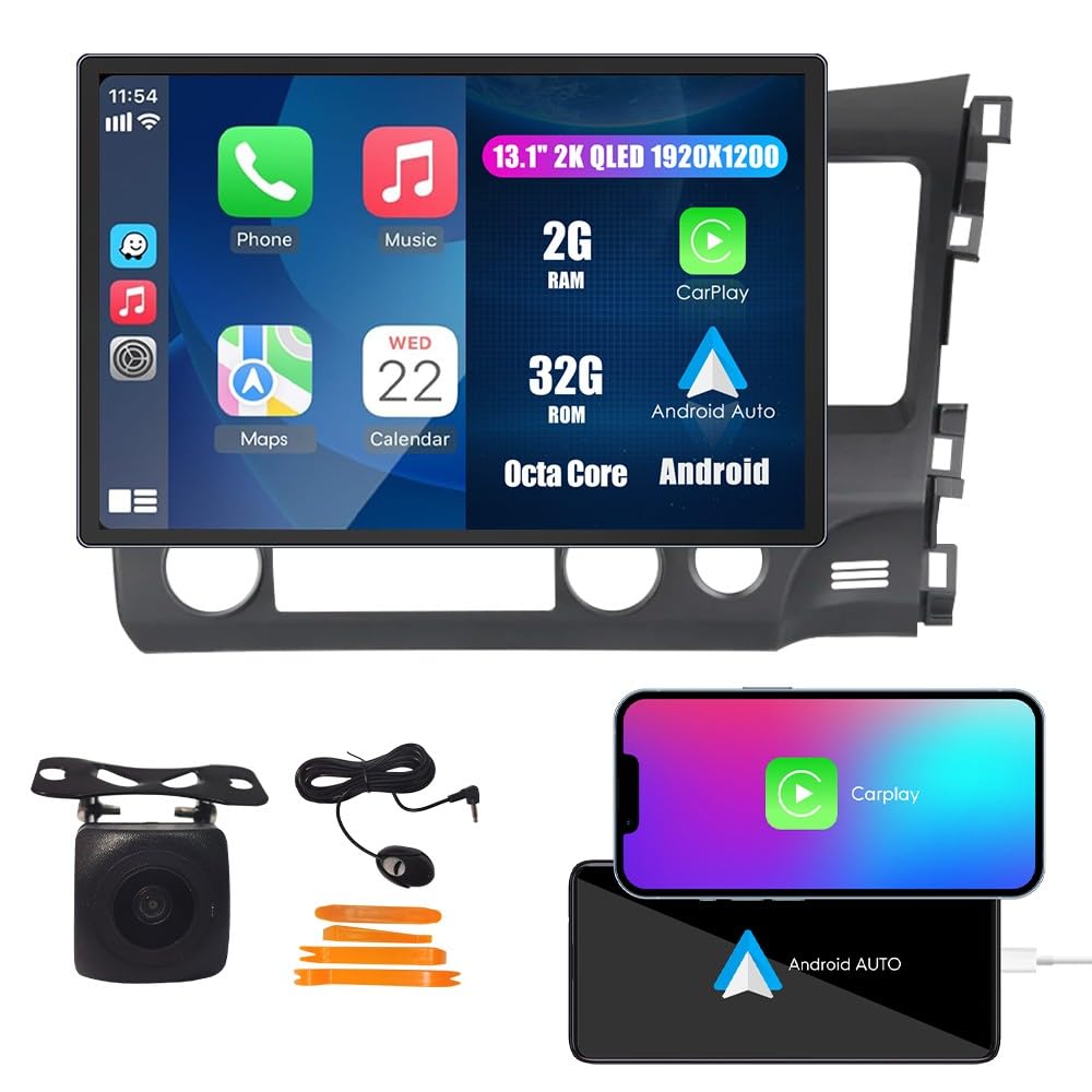 Tesla Style Car CarPlay Android Auto Navigation Stereo GPS Radio Reverse Camera 9.7" IPS Touchscreen Headunit Tablet Media Player for Honda Civic 2004-2011, if Applicable Quad Core 2G+32G MT