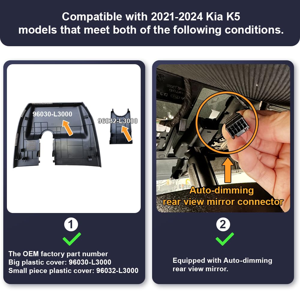 Fitcamx Front 2K+Rear 1080P Dash Cam Adapts for Kia K5 2021-2024 (Part No#L3000) LX LXS GT-Line EX GT, Integrated OEM Style, Dual HD Video, WiFi & APP, Loop Recording, G-Sensor, Easy to Set, 64GB Card