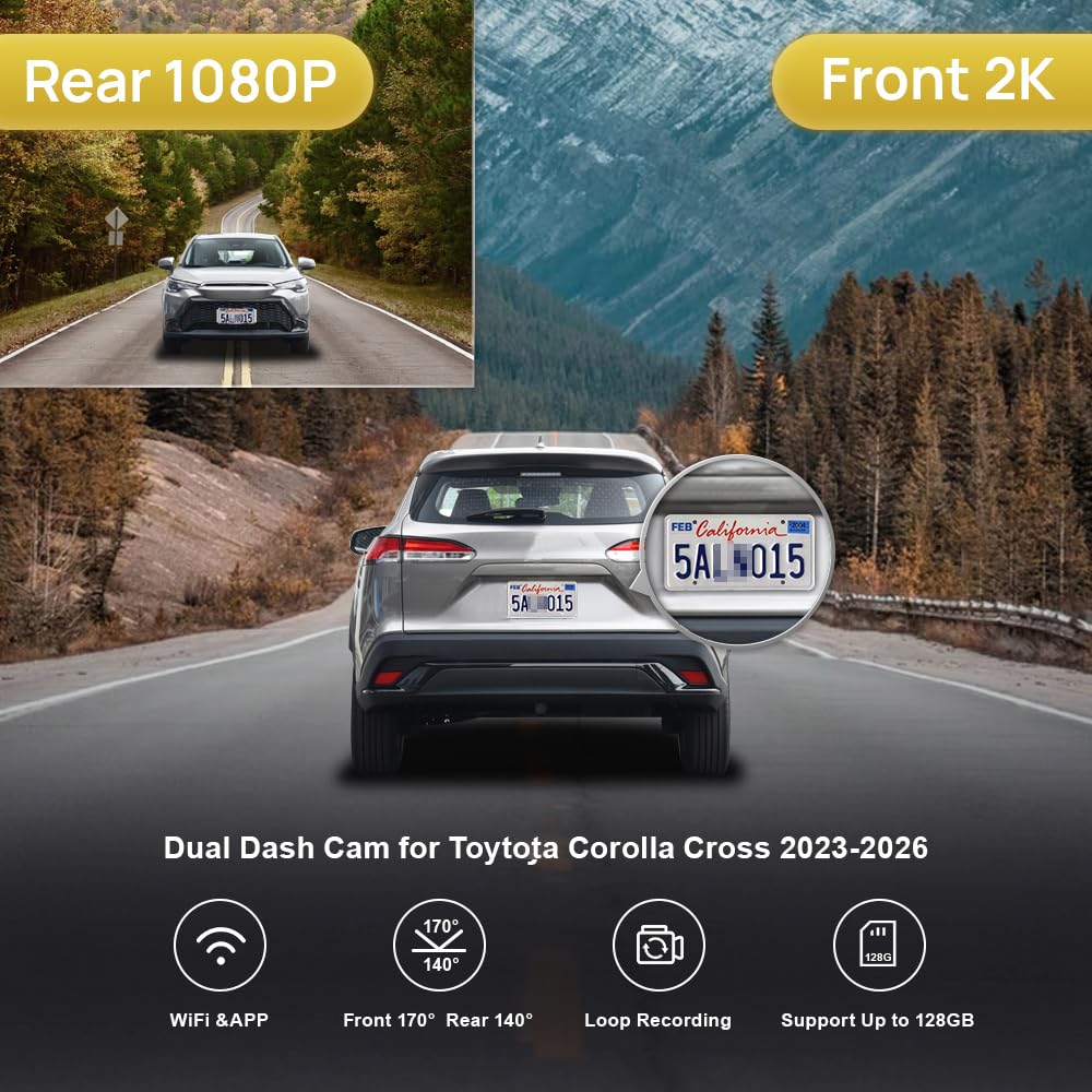 Fitcamx Front 2K+Rear 1080P Dash Cam Adapts for Toyota Corolla Cross 2023-2026 Hybrid (NOT Corolla), OEM Style, Dual HD Video, Built-in WiFi & APP, Loop Recording, G-Sensor, Easy to Use, 64GB Card