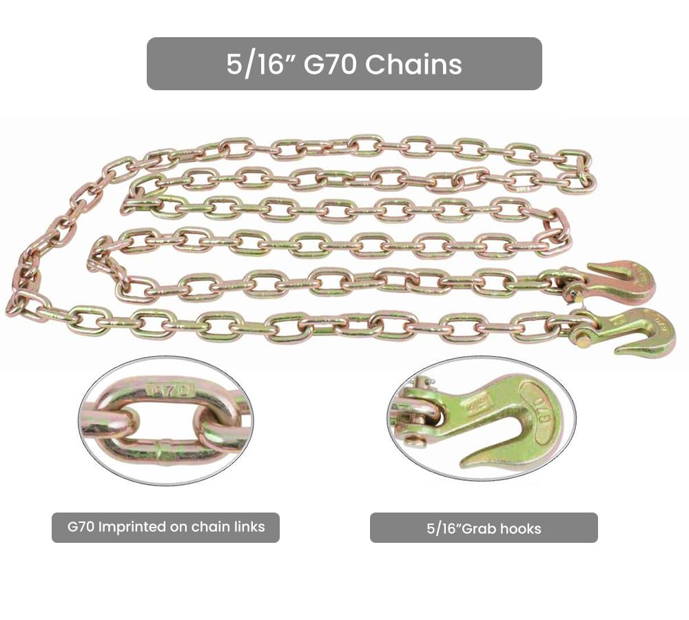 Mytee Products 4 Pack 5/16"- 3/8" Heavy Duty Hi-Viz Green Ratchet Chain Binder w/ 5/16" Grab Hook & 1/2" Slip Hook, 5,400 Lbs WLL & 4 Pack 5/16 Inch x 12 FT Grade 70 Binder Chain w/Clevis Grab Hooks