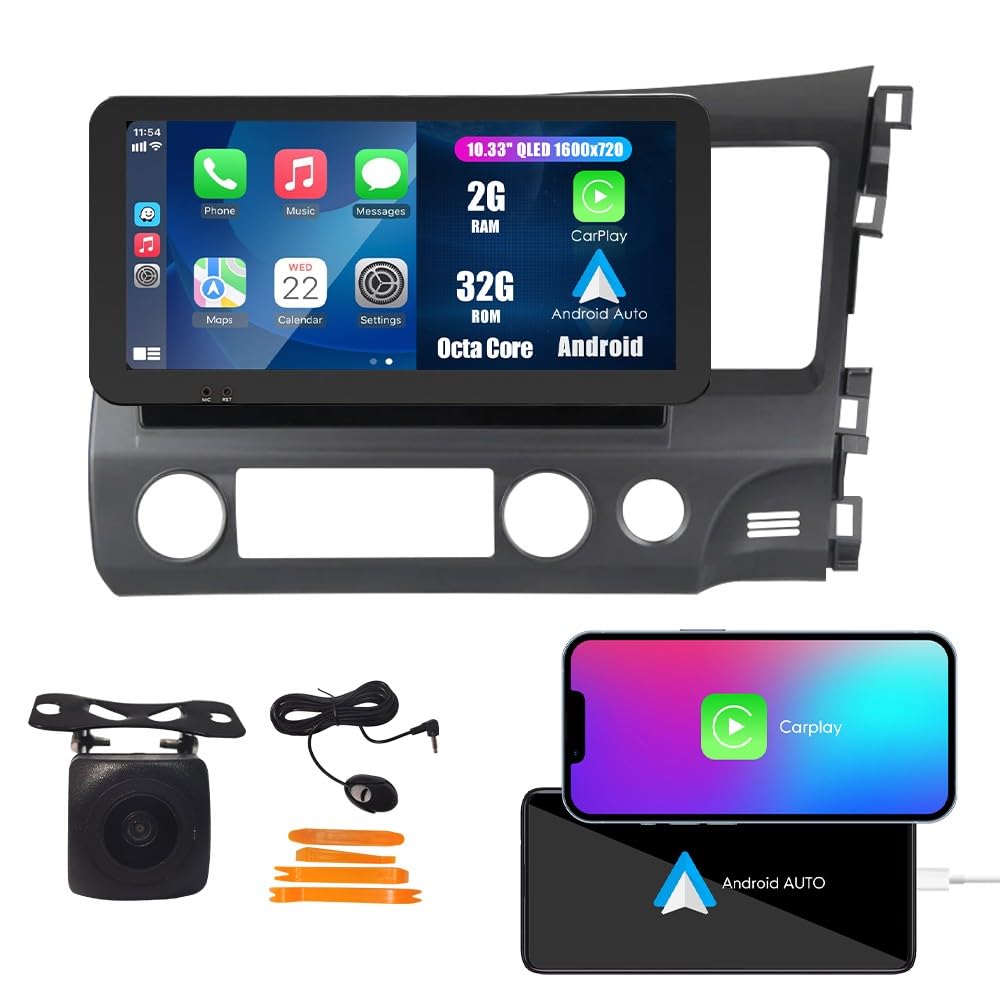 Tesla Style Car CarPlay Android Auto Navigation Stereo GPS Radio Reverse Camera 9.7" IPS Touchscreen Headunit Tablet Media Player for Honda Civic 2004-2011, if Applicable Quad Core 2G+32G MT