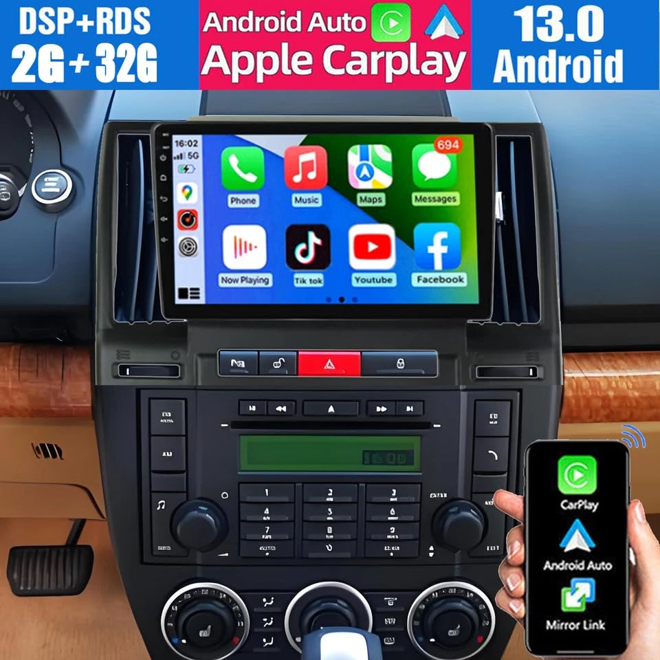 Android 13 Car Stereo for Landrover Freelander 2 2007-2012 Car Radio GPS for CarPlay Wireless Android Auto 9in Touchscreen Bluetooth WiFi FM/RDS DSP SWC Split Screen AHD Backup Camera 2+32G