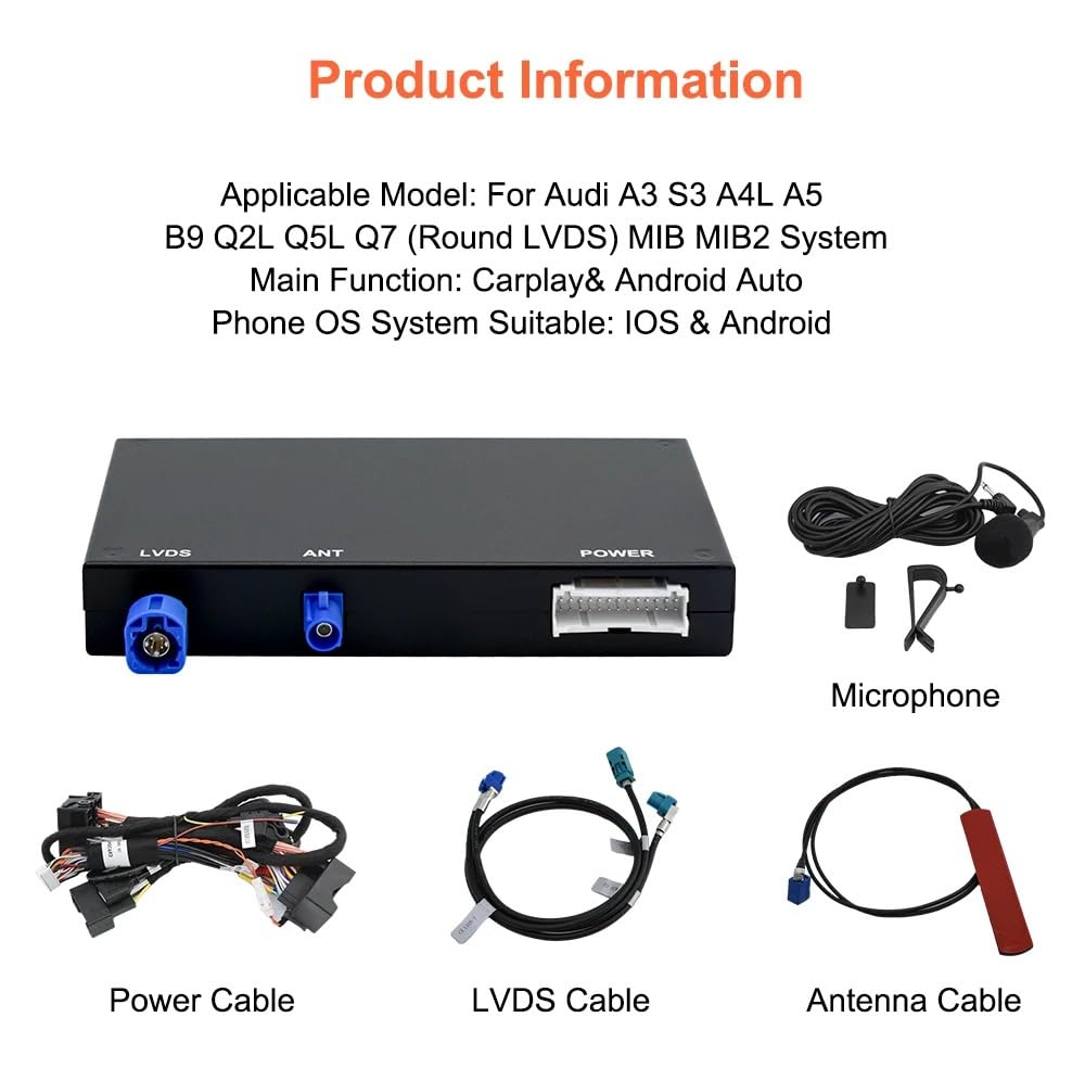 Wireless Carplay Android Auto for Audi A3 A4 A5 S3 B9 Q2L Q5L Q7 2014-2018 with MIB System Carplay Retrofit Decoder Box Kit Support Mirrorlink, Camera