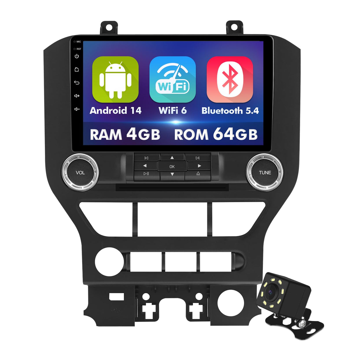 4+64GB 9 Inch Touchscreen Android 14 Car Radio Stereo for Ford Mustang 2015-2020 with CarPlay/Android Auto Car Radio, Support WiFi 6, Bluetooth,5.4, Backup Camera, SWC