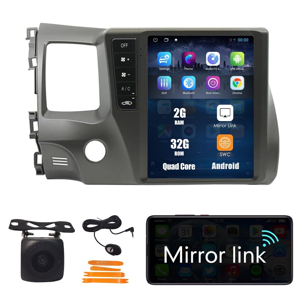 Tesla Style Car CarPlay Android Auto Navigation Stereo GPS Radio Reverse Camera 9.7" IPS Touchscreen Headunit Tablet Media Player for Honda Civic 2004-2011, if Applicable Quad Core 2G+32G MT