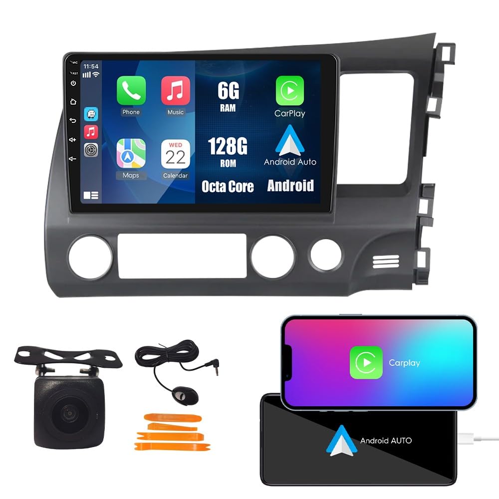 Tesla Style Car CarPlay Android Auto Navigation Stereo GPS Radio Reverse Camera 9.7" IPS Touchscreen Headunit Tablet Media Player for Honda Civic 2004-2011, if Applicable Quad Core 2G+32G MT