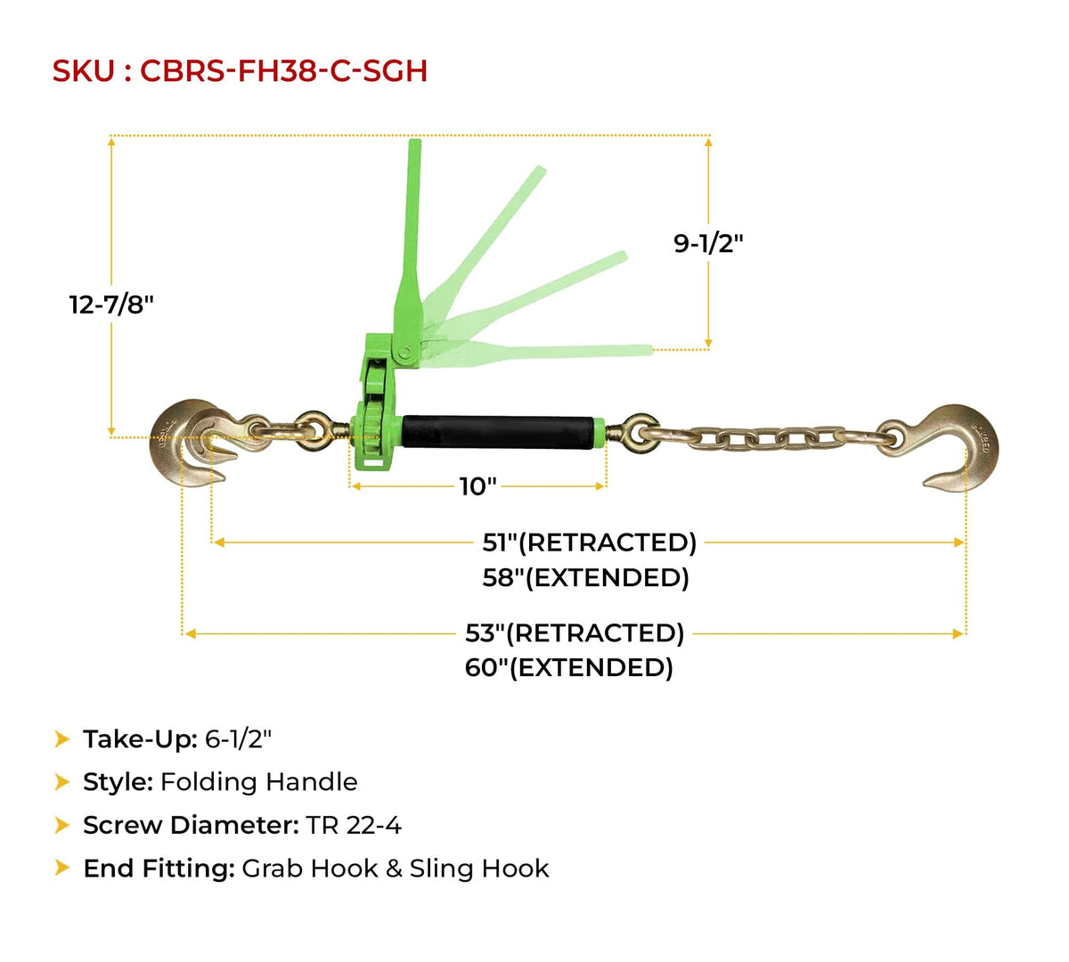 Mytee Products 4 Pack Hi-Viz Green Folding Handle Ratchet Pro-Binder w/ 3/8"-5/16" Grab Hook, 1/2" Sling Hook & 3/8" x 2' G80 Chain, 1/2" Sling Hook | 7,100 lbs WLL | Binder for Flatbed Trailer