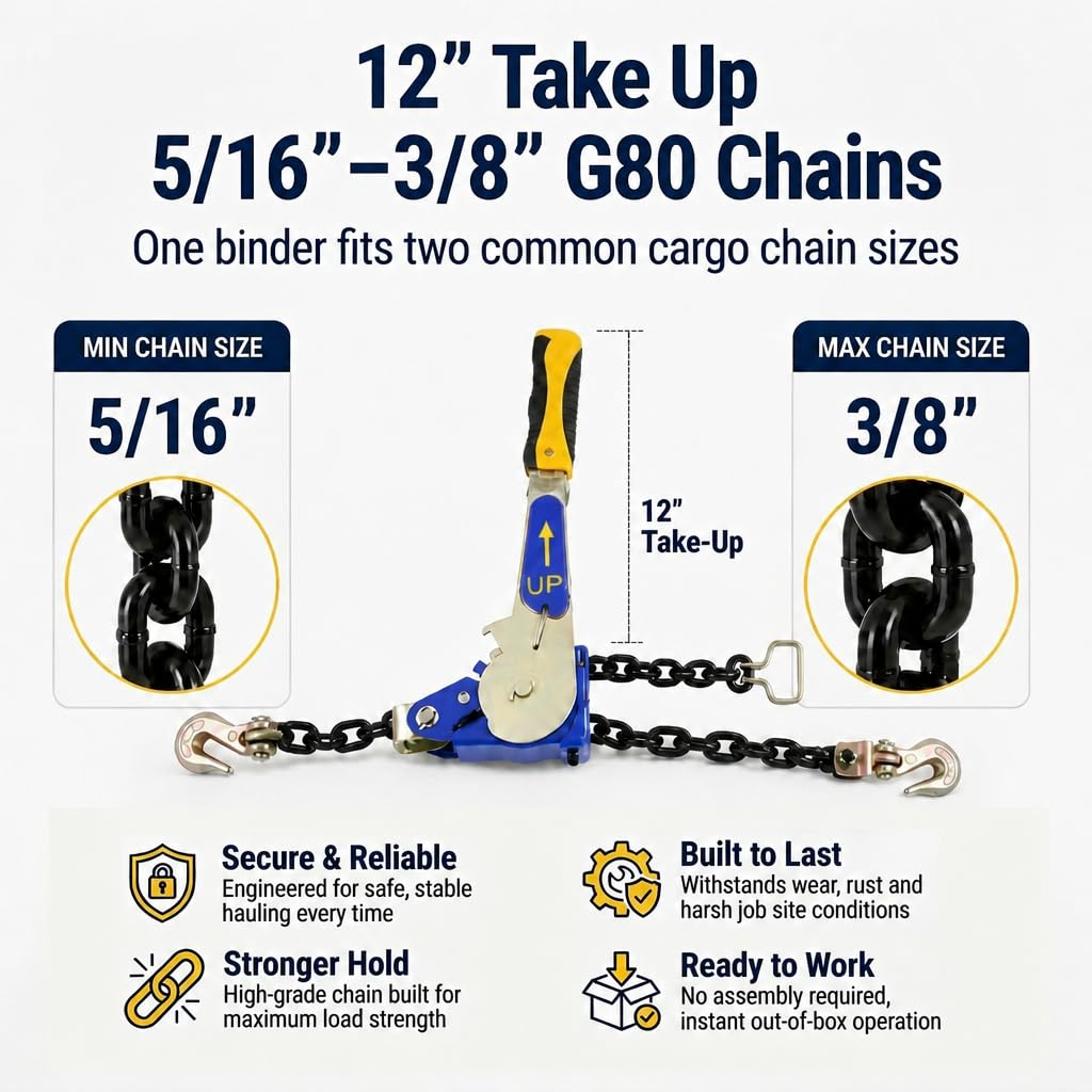 2 Pack 5/16"-3/8" EZ Ratchet Chain Binder with G70 Grab Hooks, Ratchet Load Binder Kit, 5400 lbs WLL Heavy Duty Cargo Tie Down for Flatbed Trailers & Trucks