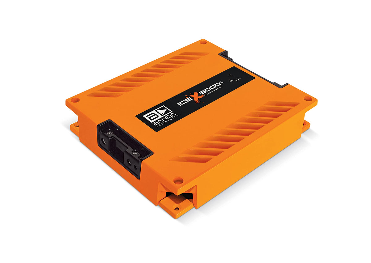 1-Ch.Vehicle Audio Bass Amplifier - 3000WRMS High-Powered Mono Bass Amp w/Subsonic Filter and Low Pass Filter Stable at 1 ohm, LED Indicators, Sound Specialization, Orange - Banda ICEX3000.1ORANGE
