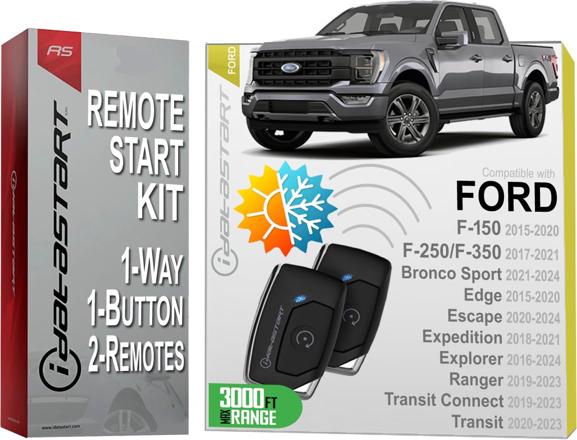 iDatastart Remote Starter Kit for FORD F-150, EDGE 15-20| F-250/350 17-21| RANGER/Transit Connect 19-23|TRANSIT 20-23| BRONCO Sport 21-24|ESCAPE 20-24|EXPEDITION 18-21|EXPLORER 16-24 (1-Way, 1-Button)