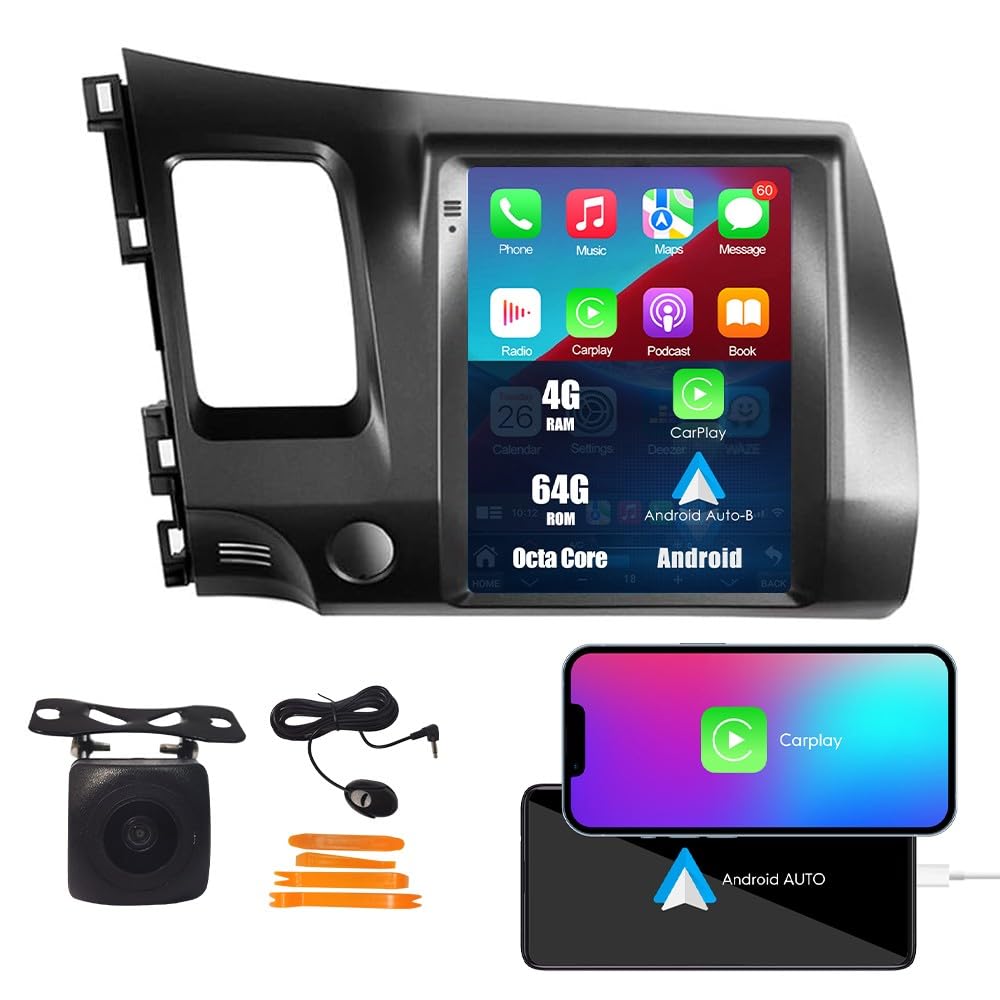 Tesla Style Car CarPlay Android Auto Navigation Stereo GPS Radio Reverse Camera 9.7" IPS Touchscreen Headunit Tablet Media Player for Honda Civic 2004-2011, if Applicable Quad Core 2G+32G MT
