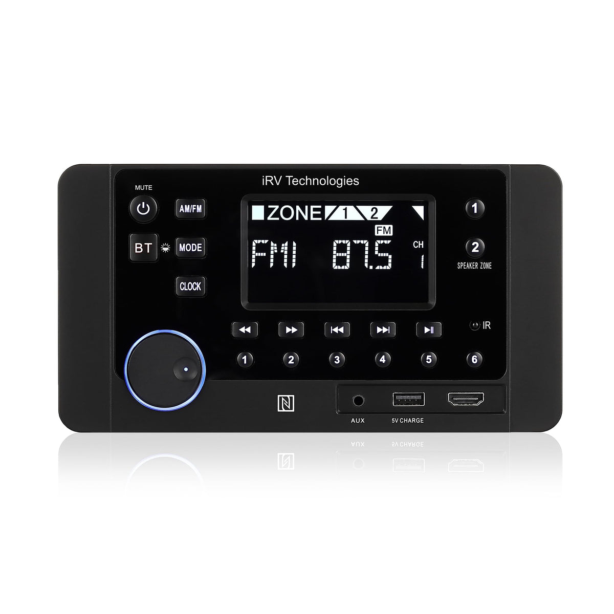 iRVHP2 Mechless Wallmount RV Stereo 2 Zones with Bluetooth HDMI ARC, App Control, AM/FM/App, NFC, USB Charging, Digital Surround Sound, Clock, CEC Support (2 Zones + 4 Speakers)