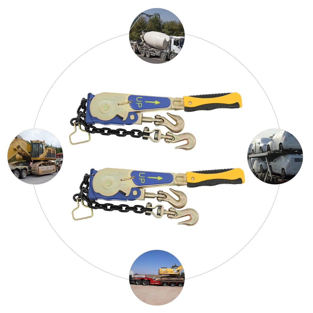 2 Pack 5/16"-3/8" Easy Ratchet Chain Binder with Grab Hooks & 5400 lbs WLL - Heavy Duty Tie Down Ratchet Load Binder for Flatbed Trailers & Trucks, Tractors, Transportation, Industry, Yellow