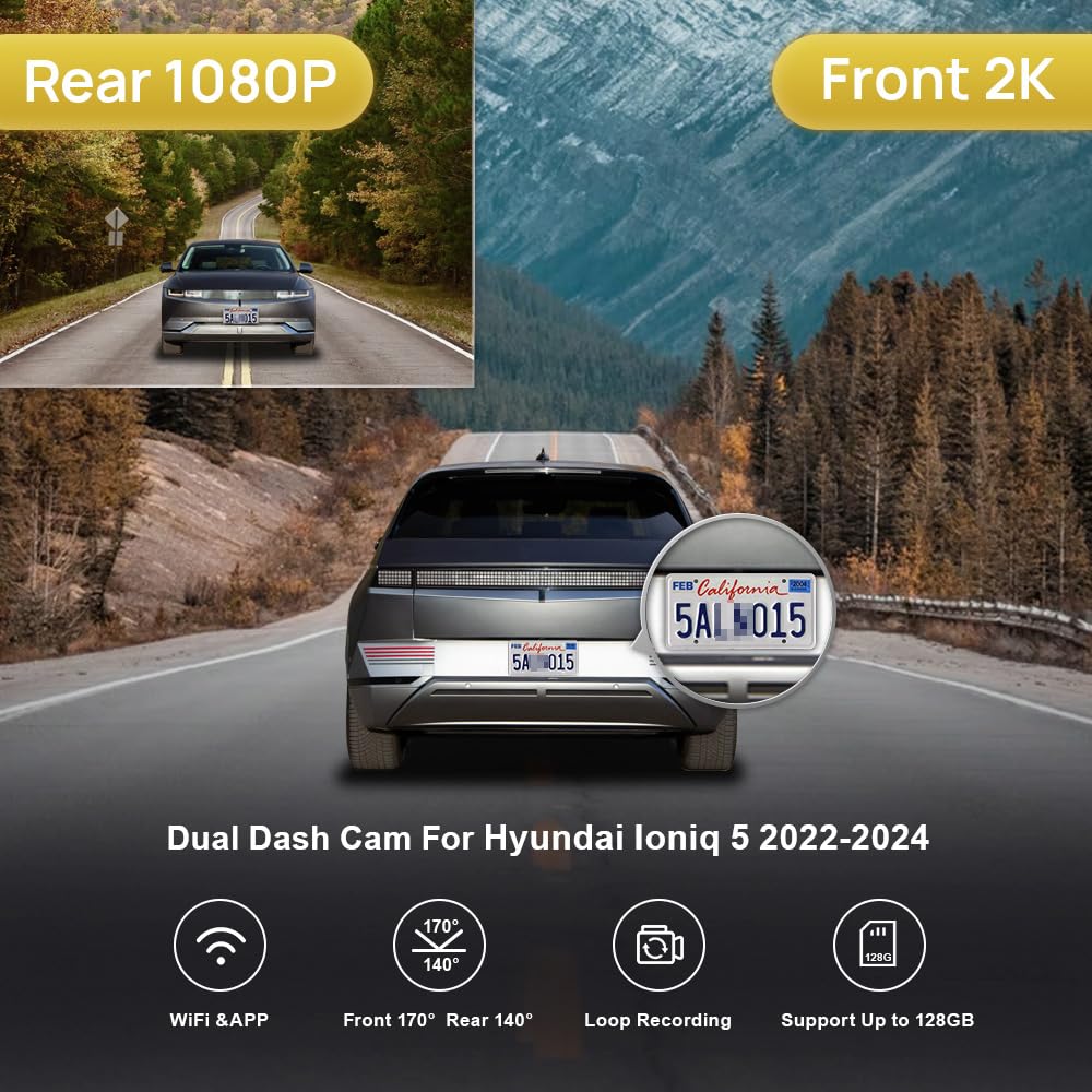 Fitcamx Front 2K+Rear 1080P Dash Cam Adapts for Hyundai IONIQ 5 2022-2024 (6 Vents) SE Standard Range SEL Limited, OEM Look, Dual HD Video, WiFi & APP, Loop Recording, G-Sensor, Easy to Use, 64GB Card
