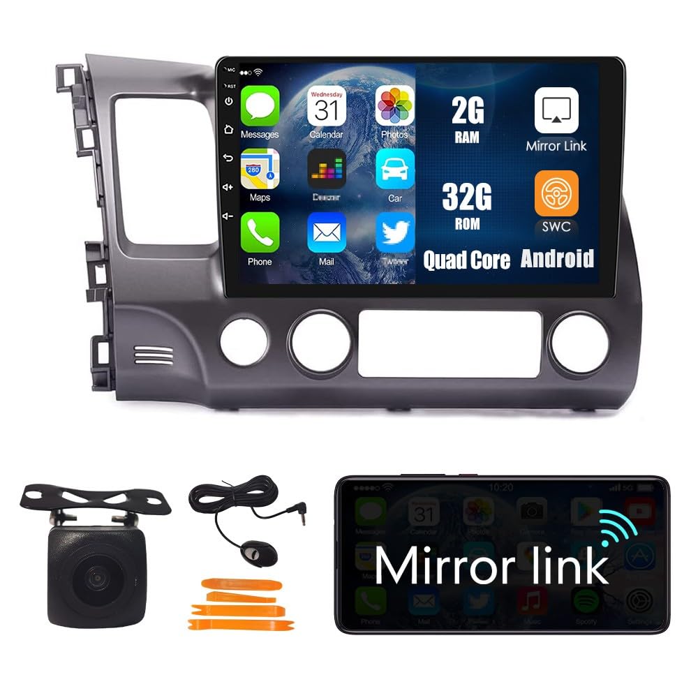 Tesla Style Car CarPlay Android Auto Navigation Stereo GPS Radio Reverse Camera 9.7" IPS Touchscreen Headunit Tablet Media Player for Honda Civic 2004-2011, if Applicable Quad Core 2G+32G MT