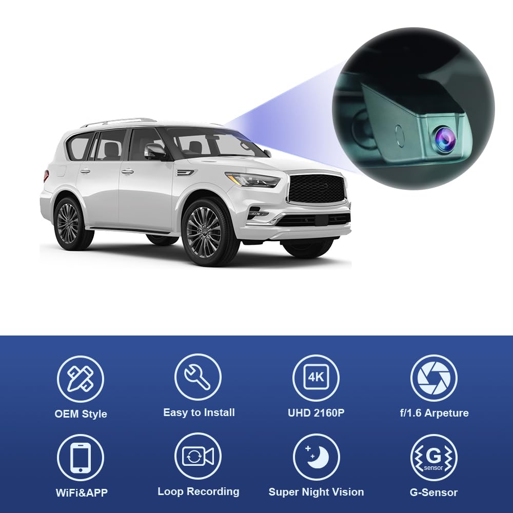 Fitcamx 4K Dash Cam Suitable for Infiniti QX80 2021-2023 Luxe Premium Select Sensory (Has Rain Sensor), OEM Look, UHD 2160P Video, Built-in WiFi & APP, Loop Recording, G-Sensor, Plug & Play, 64GB Card