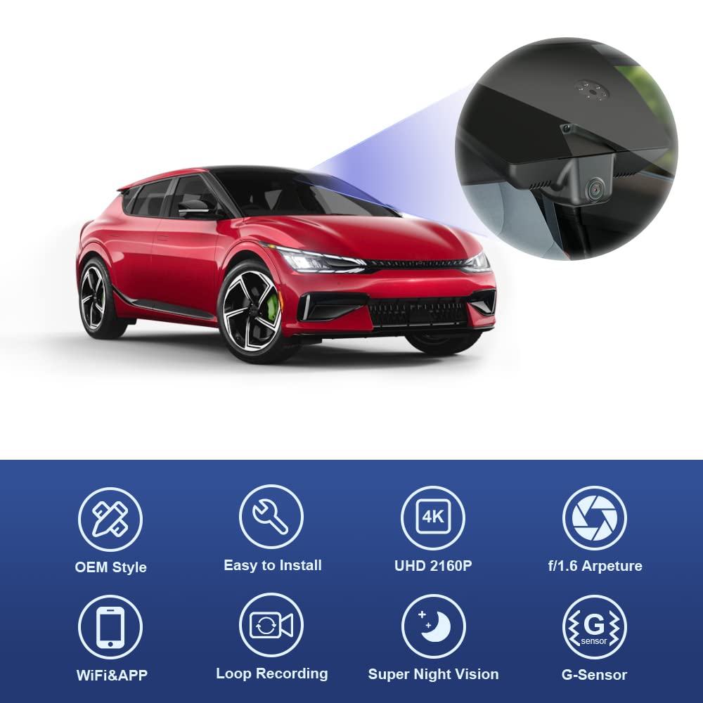 Fitcamx 4K Dash Cam Compatible with Kia EV6 2022-2025 GT GT-Line Light Long Range Wind, OEM Factory Look, UHD 2160P Video, Loop Recording, Built-in WiFi & APP, G-Sensor, Easy to Install, 64GB Card