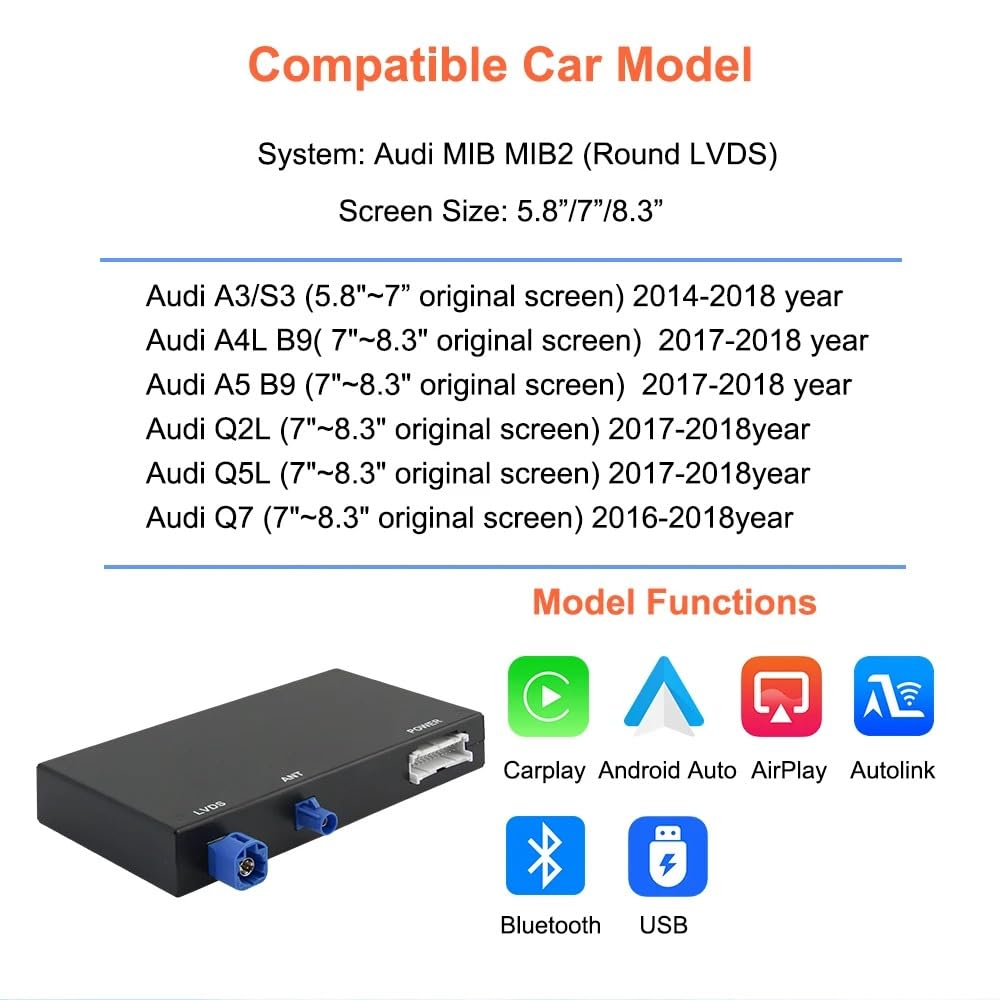 Wireless Carplay Android Auto for Audi A3 A4 A5 S3 B9 Q2L Q5L Q7 2014-2018 with MIB System Carplay Retrofit Decoder Box Kit Support Mirrorlink, Camera