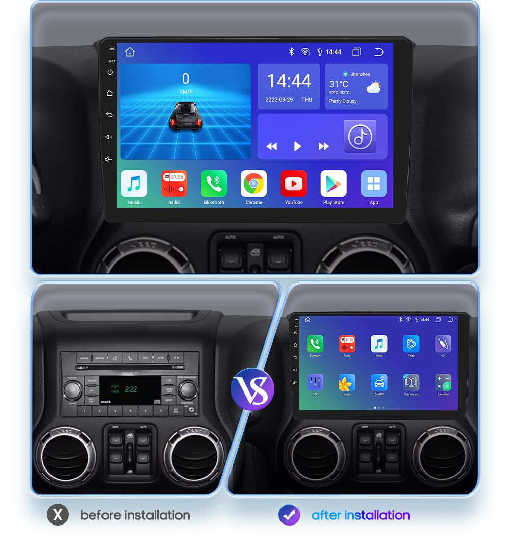 Android 14 Car Radio Stereo for Jeep Wrangler/Jeep Compass/Jeep Liberty/Dodge Ram /, 8 Core 4+32GB 10.1" QLED Touchscreen GPS Navigation Head Unit with CarPlay Android Auto Bluetooth DSP