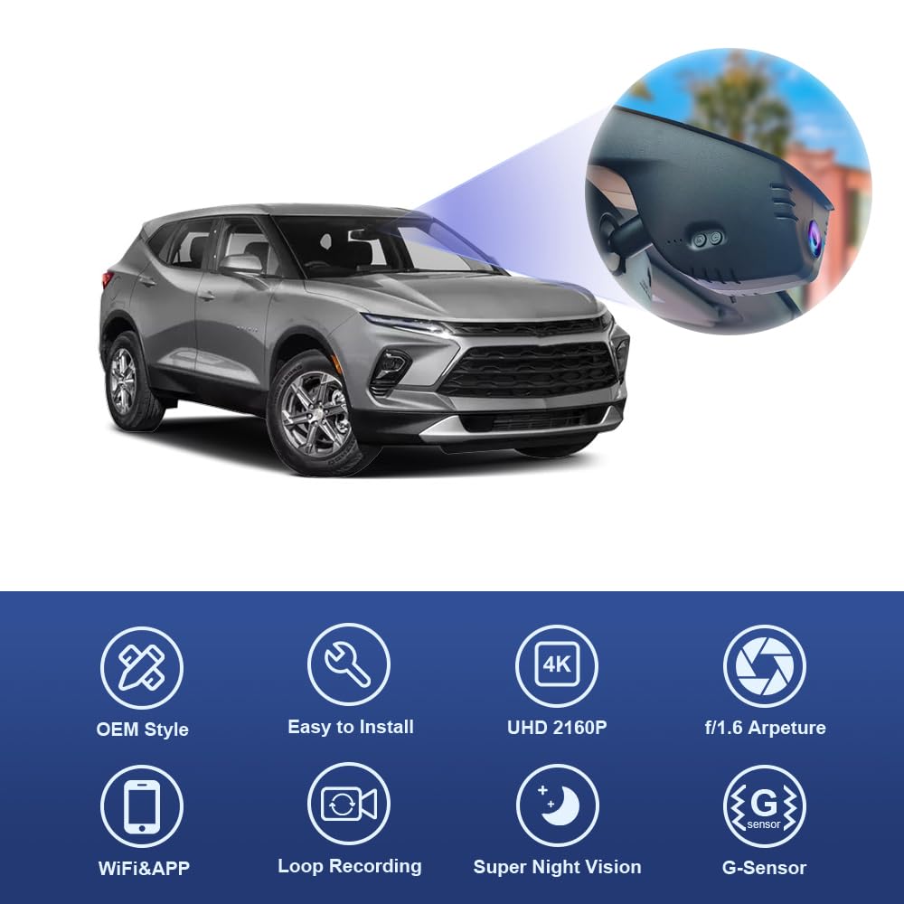 Fitcamx 4K Dash Cam Suitable for Chevy Blazer 2019-2024 RS LT Premier & Blazer EV (HD2-9808, Has Vents), OEM Look, UHD 2160P Video, WiFi & APP, Loop Recording G-Sensor, Plug&Play, 64GB Card
